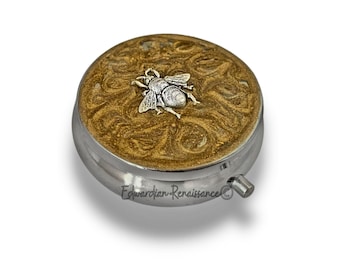 Antique Silver Bee Pill Box: Hand-Painted Gold Swirl Enamel, Personalized Option
