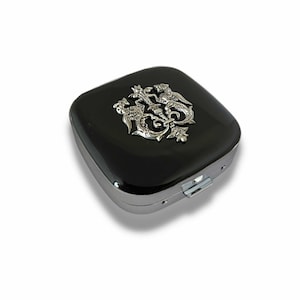 Antique Silver Dragon Crest Pill Box: Hand Painted Enamel, Personalized Option