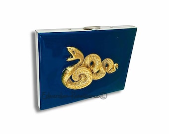 Antique Gold Snake Cigarette Case, Art Deco Serpent, Navy Enamel