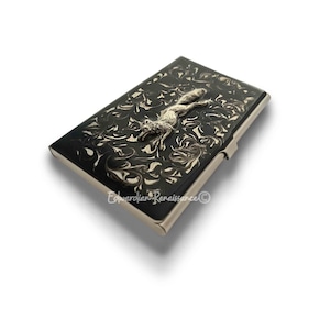 Antique Silver Fox Business Card Case: Hand Painted Enamel, Personalized Option