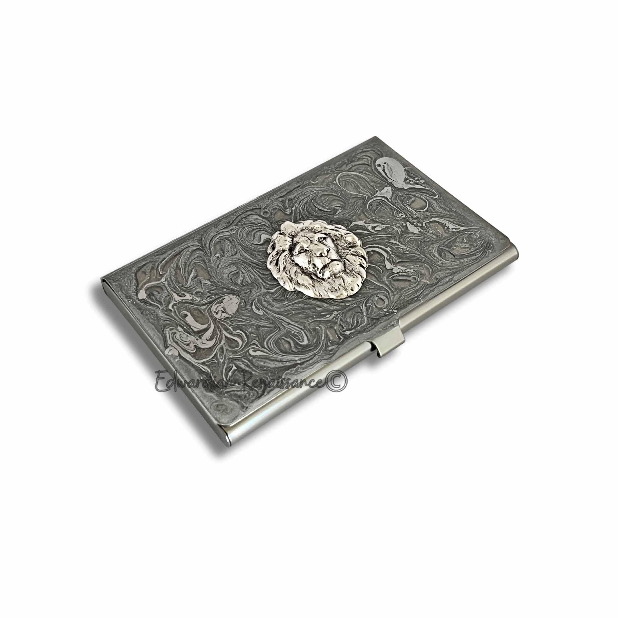 Antique Silver Lion Business Card Case: Hand-painted Gold  Silver Toned Etched Catfish Business Card Holder main image 0