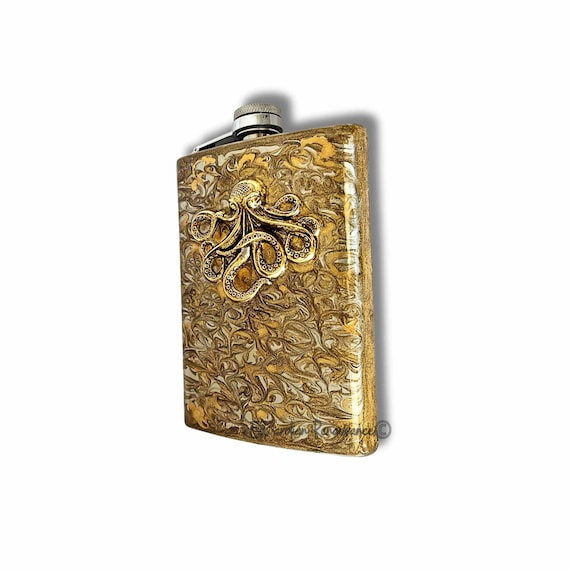 Antique Gold Octopus Flask: Hand-painted Enamel, 8oz Hip Flask
