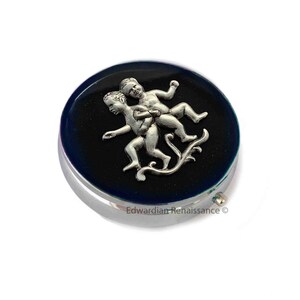 Gemini Pill Box: Hand Painted Black Onyx Enamel, Neo Victorian Zodiac