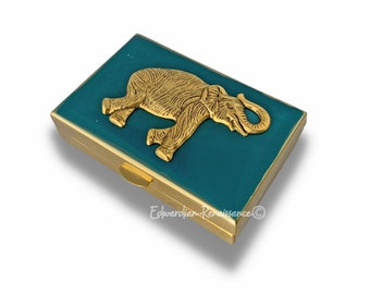 Pastillero antiguo con forma de elefante dorado: Esmalte verde azulado estilo safari, opción personalizada