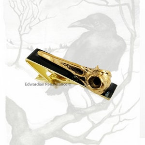 Antique Gold Raven Skull Tie Clip: Hand Painted Enamel, Victorian Style