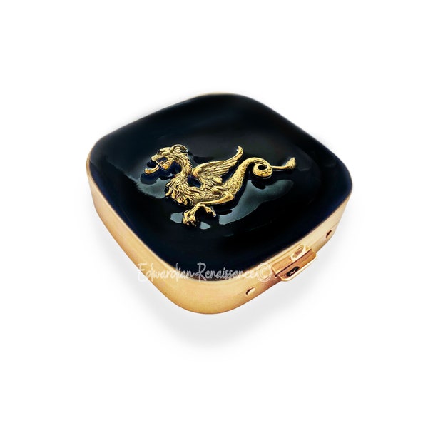 Antique Gold Dragon Pill Box with 3 Compartments Inlaid in Black Enamel Vintage Style Medieval Design with Personalized and Color Options
