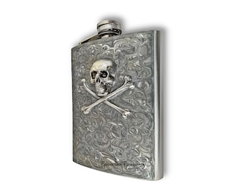 Antique Silver Skull and Crossbones Flask Inlaid in Hand Painted Silver Swirl Enamel 8oz Size with Personalized and Color Option