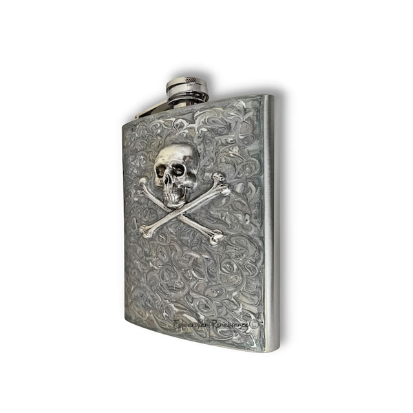 Antique Silver Skull and Crossbones Flask Inlaid in Hand Painted Silver Swirl Enamel 8oz Size with Personalized and Color Option