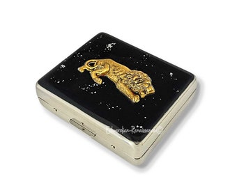 Antique Gold Prowling Lion Weekly Pill Box Organizer Inlaid in Hand Painted Black with Silver Splash Enamel with Personalized Color Options