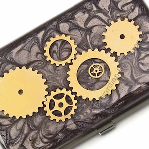 Zahnrad und Cog Visitenkartentasche in handbemaltem Emaille Industrial Design mit personalisierten und farblichen Optionen erhältlich