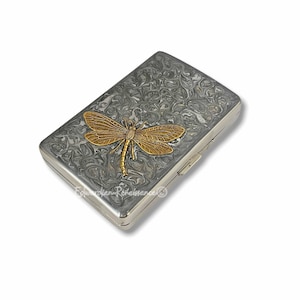 Dragonfly Cigarette Case Inlaid in Hand Painted Silver Swirl Enamel Art Nouveau Inspired, Personalized Gift and Color Options Available