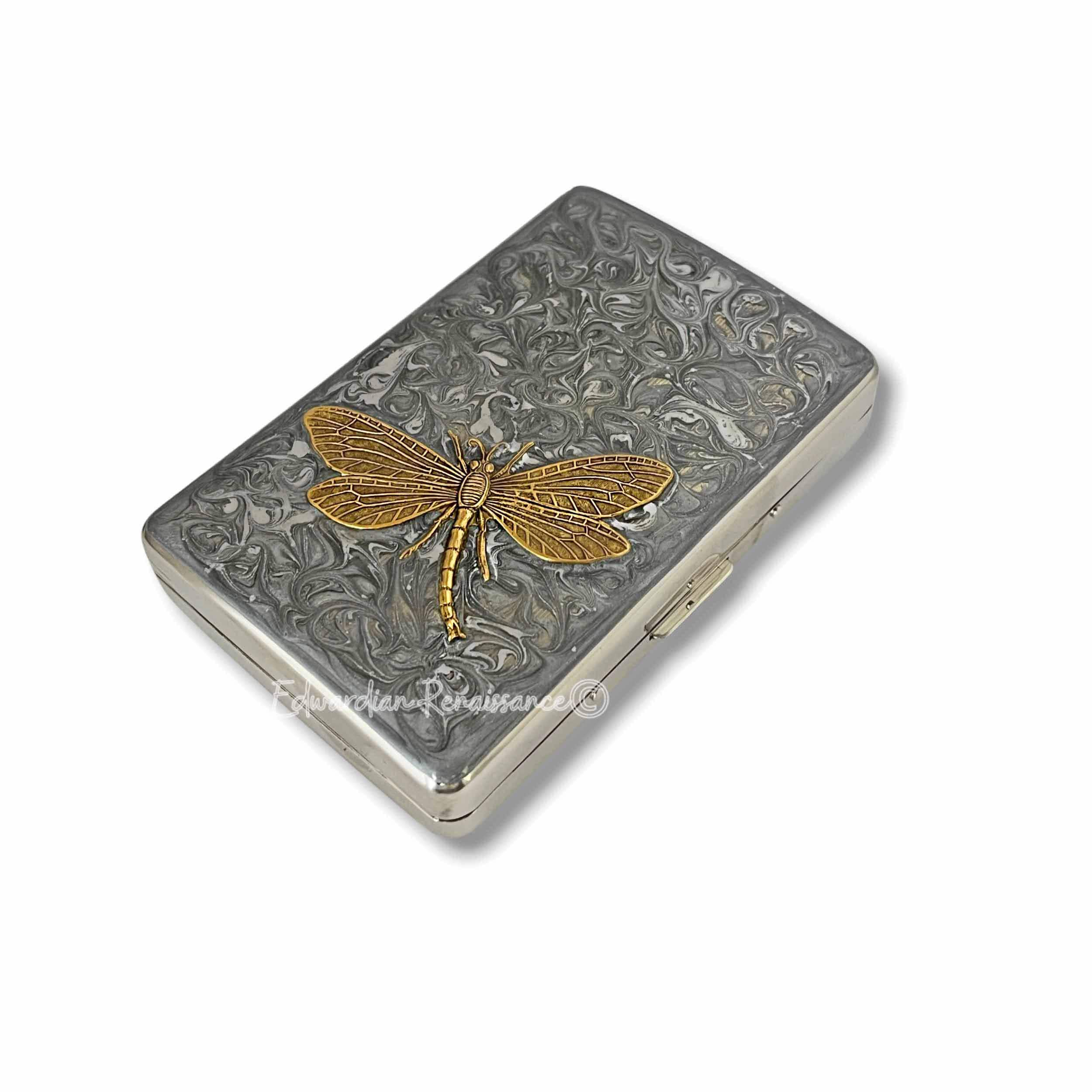 Dragonfly Cigarette Case, Hand Painted Silver Swirl Enamel, Art Nouveau  Inspired