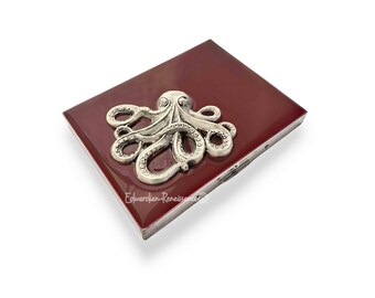 Antiekzilveren octopus-sigarettenkoker, ossenbloedemaille, gepersonaliseerde optie