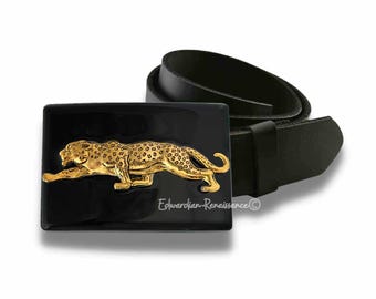 Vintage 80s Gold Silver Leather Belt Jaguar Leopard Buckle NWOT M/L Glam Rock Glam Rock Leather 1980s Vintage Belts for sale | eBay main image 4