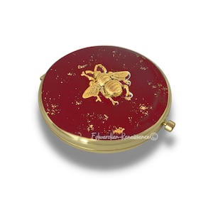 Queen Bee Compact Mirror Inlaid in Hand Painted Ox Blood with Gold Splash Enamel Neo Victorian Design with Personalized and Color Options