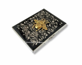 Art Deco Bienen-Etui, antikes Gold, schwarze Tinte Emaille