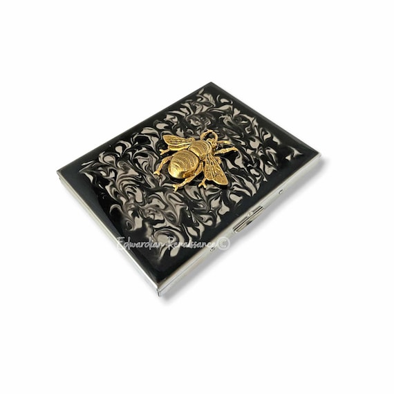 Art Deco Bee Cigarette Case, Antique Gold Inlay, Black Ink Enamel