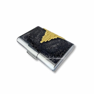 Estuche para tarjetas de visita grande Art Déco con incrustaciones de esmalte metálico negro, motivo geométrico de estilo vintage con color y opciones personalizadas