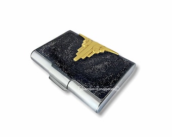 Art Deco Business Card Case: Black Metallic Enamel, Personalized Option