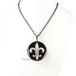 Fleur de Lis Locket Necklace: Black Enamel, Personalized Options