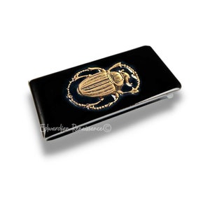 Clip de dinero de escarabajo de oro antiguo con incrustaciones de esmalte negro pintado a mano Escarabajo egipcio Inspiración gótica Opciones personalizadas y de color disponibles