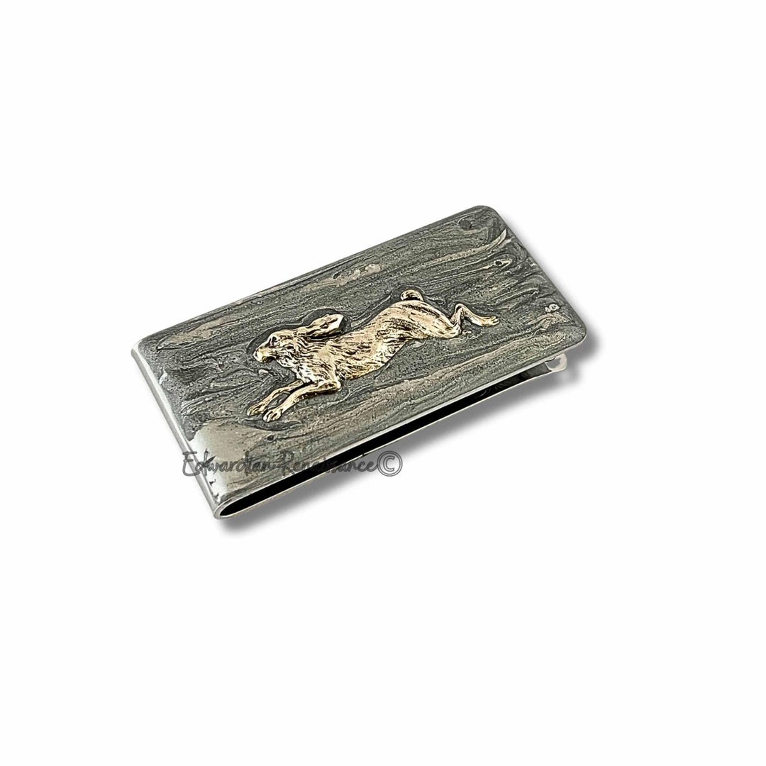 Hare Money Clip: Hand-painted Silver Enamel, Alice in  Textured Round Hare Rabbit Money Clip main image 0