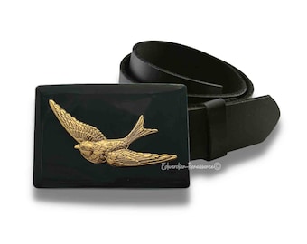 Antique Gold Swallow Belt Buckle: Hand Painted Enamel, Vintage Style