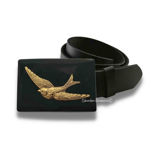 Antique Gold Swallow Belt Buckle Inlaid in Hand Painted Black Enamel Vintage Style Rectangle Buckle with Color Options