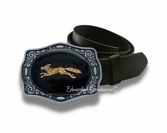 Antique Gold Fox Belt Buckle: Hand-Painted Onyx Enamel