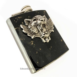 Tiger Flask, Art Nouveau 3D Cat with Wings, Personalized Gift with Engraving, Available in other Enamel Colors