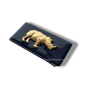 Rhino Money Clip, Neo Victorian Safari Inspired , Vintage Style, Personalized Gift and Color Options, Inlaid in Hand Painted Black Enamel