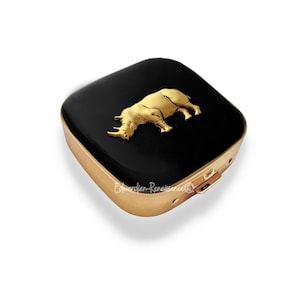 Antique Gold Rhinoceros Pill Box: Black Enamel, Personalized Option