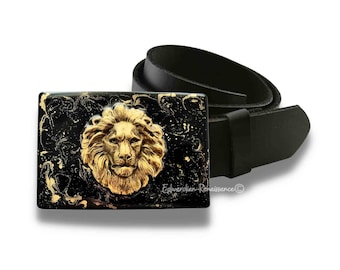 Lions Head Belt Buckle Inlaid in Hand Painted Black Enamel with Gold Swirl Leo Neo Victorian Inspired with Color Options
