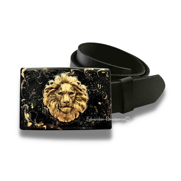 Lions Head Belt Buckle Inlaid in Hand Painted Black Enamel with Gold Swirl Leo Neo Victorian Inspired with Color Options