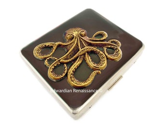 Antique Gold Octopus 8 Day Pill Box Inlaid in Hand Painted Brown Enamel Nautical Inspired Personalized and Color Options Available