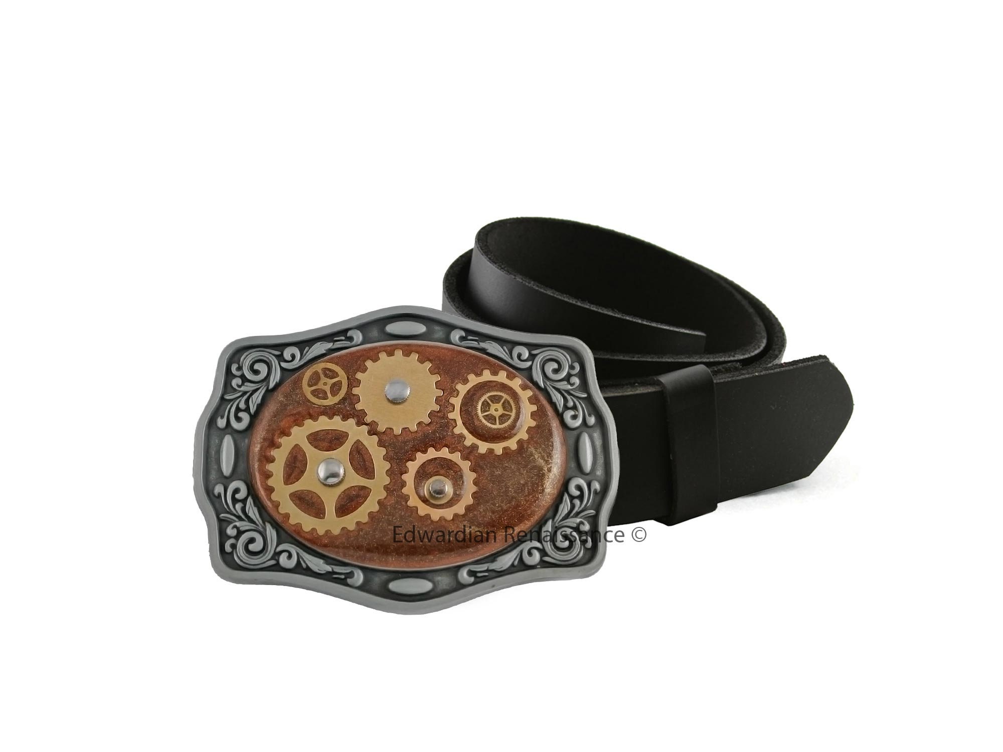 Steampunk Gear Belt Buckle: Hand-painted Black Onyx Enamel  display picture 1