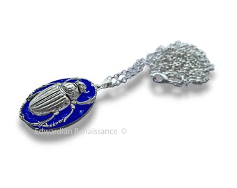 Antique Silver Scarab Locket Inlaid in Hand Painted Glossy Cobalt Enamel Egyptian Beetle Necklace Custom Colors and Personalized Options