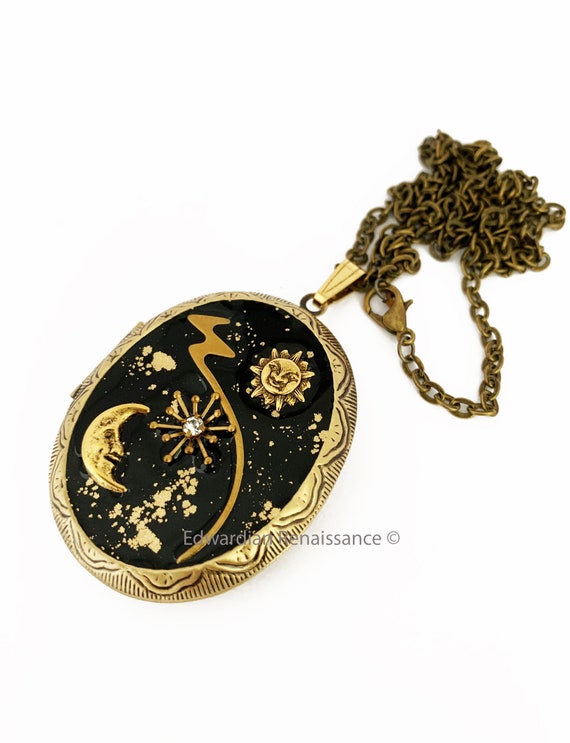 Celestial Pill Box Necklace In Hand Painted Black Enamel With - Pill Box Pendant Celestial Pill Box Necklace In Hand Painted Black Enamel With - Pill Box Pendant