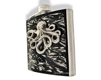 Antique Silver Octopus Flask Inlaid Hand Painted Black Ink Enamel Gothic Kraken Vintage Style Personalize and Color Options