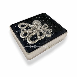 Silver Octopus Pill Box with 8 Compartments Nautical Inspired Inlaid in Black Enamel with Silver Splash with Personalized and Color Options