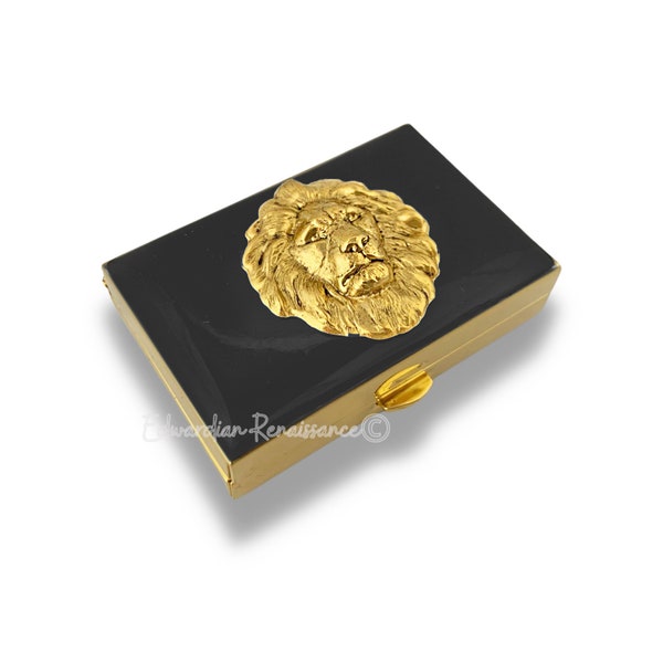 Antique Gold Lion Pill Box Inlaid in Hand Painted Glossy Black Enamel Neoclassic Leo Inspired with Personalized and Color Options