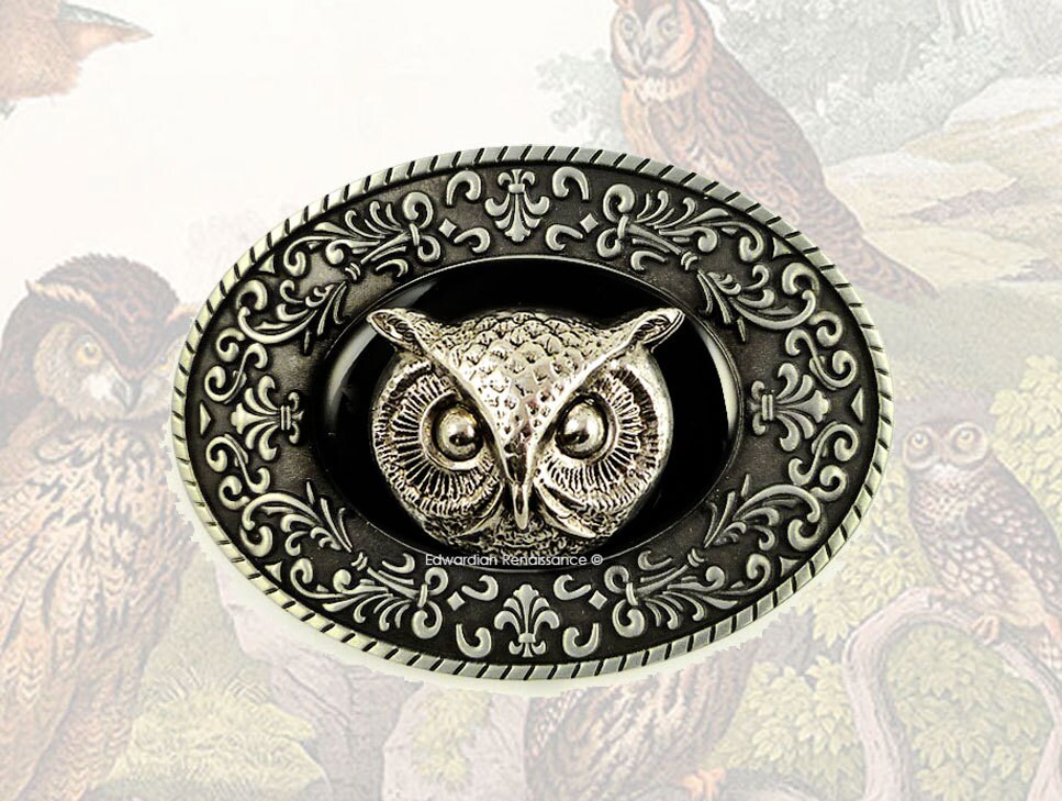 Antique Silver Owl Belt Buckle: Hand Painted Enamel Brocade  display picture 1