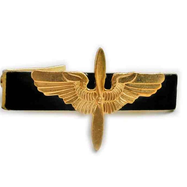 Brass Propeller and Wings Tie Clip Inlaid in Hand painted Black Enamel Air Corps Insignia Vintage Style Aviation Assorted Colors