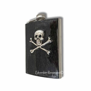 Skull and Crossbones Flask 8oz Gothic Victorian Vintage Style in Hand Painted Metallic Black Enamel Personalized Gift and Color Option