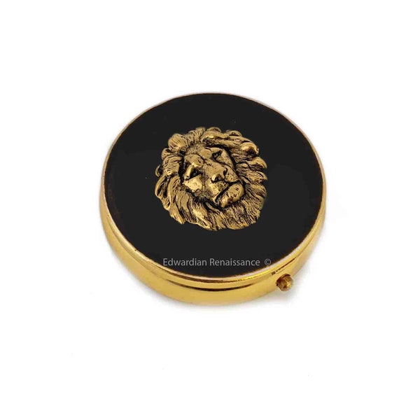 Antique Gold Lion Pill Box in Hand Painted Glossy Black Enamel Neo Victorian Leo Zodiac Style with Personalized and Color Options