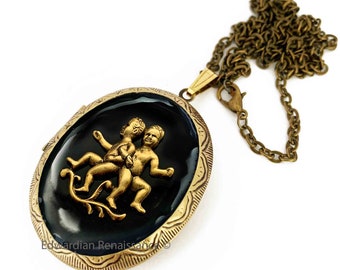 Gemini Locket Inlaid in Hand Painted Glossy Black Enamel Neo Victorian Zodiac Keepsake Pendant with Color and Personalized Option