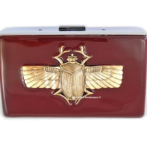 Antique Gold Egyptian Scarab Cigarette Case Inlaid in Hand Painted Glossy Ox Blood Enamel Metal Wallet with Personalized Option