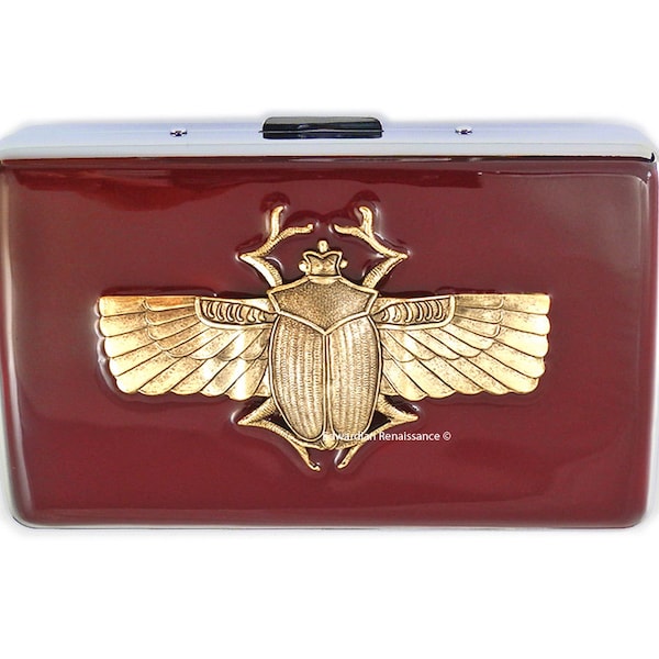 Antique Gold Egyptian Scarab Cigarette Case Inlaid in Hand Painted Glossy Ox Blood Enamel Metal Wallet with Personalized Option