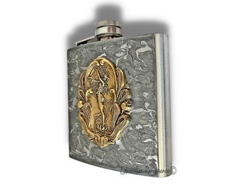 Art Nouveau Flask Inlaid in Hand Painted Silver Swirl Enamel Art Nouveau Nymph with Lotus Flowers with Personalized and Color Options