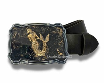 Teal Enamel Seahorse Belt Buckle, Antique Gold Nautical 